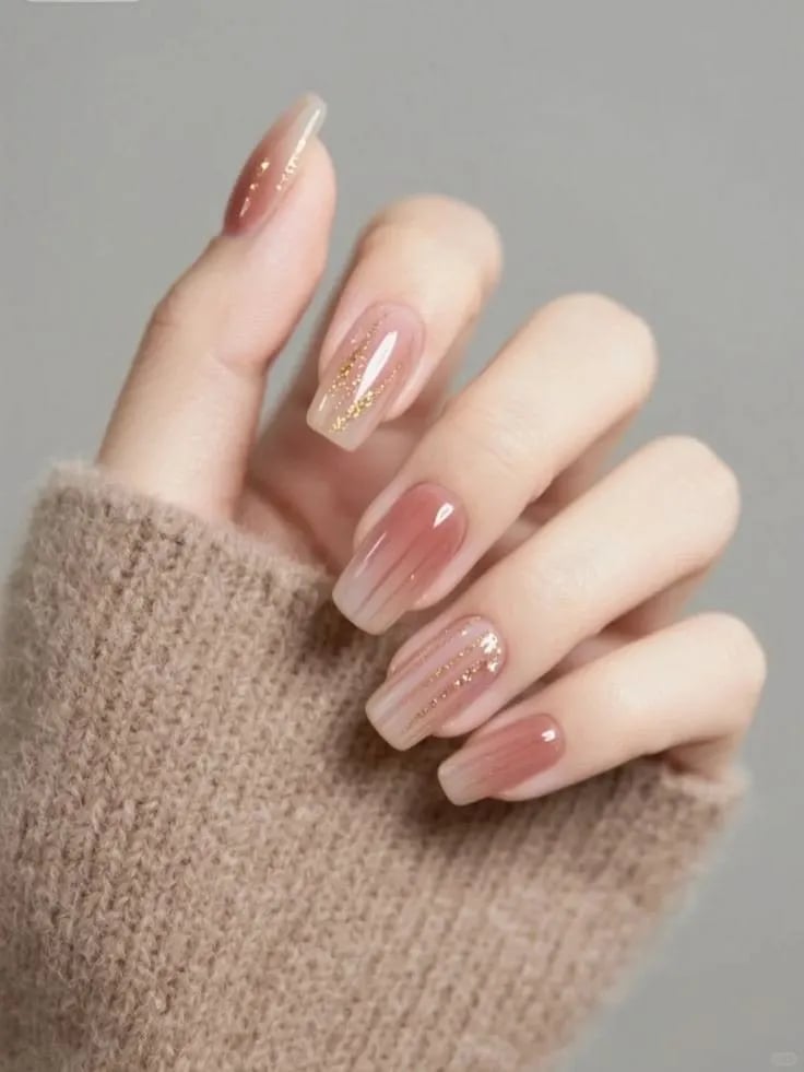 Nude Pink Ombre Glitter Soft Square Nails — Trendy Korean Nails