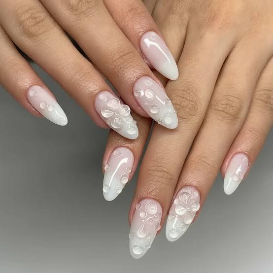 Milky White Almond Nails with 3D Flowers — Trendy Korean Nails