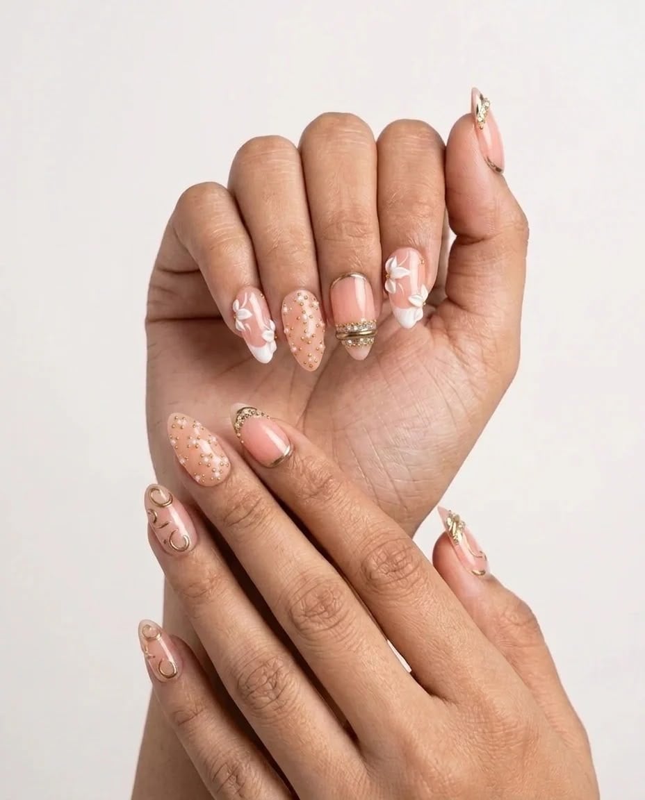 Nude Almond Nails with 3D Flowers and Gold — Trendy Korean Nails