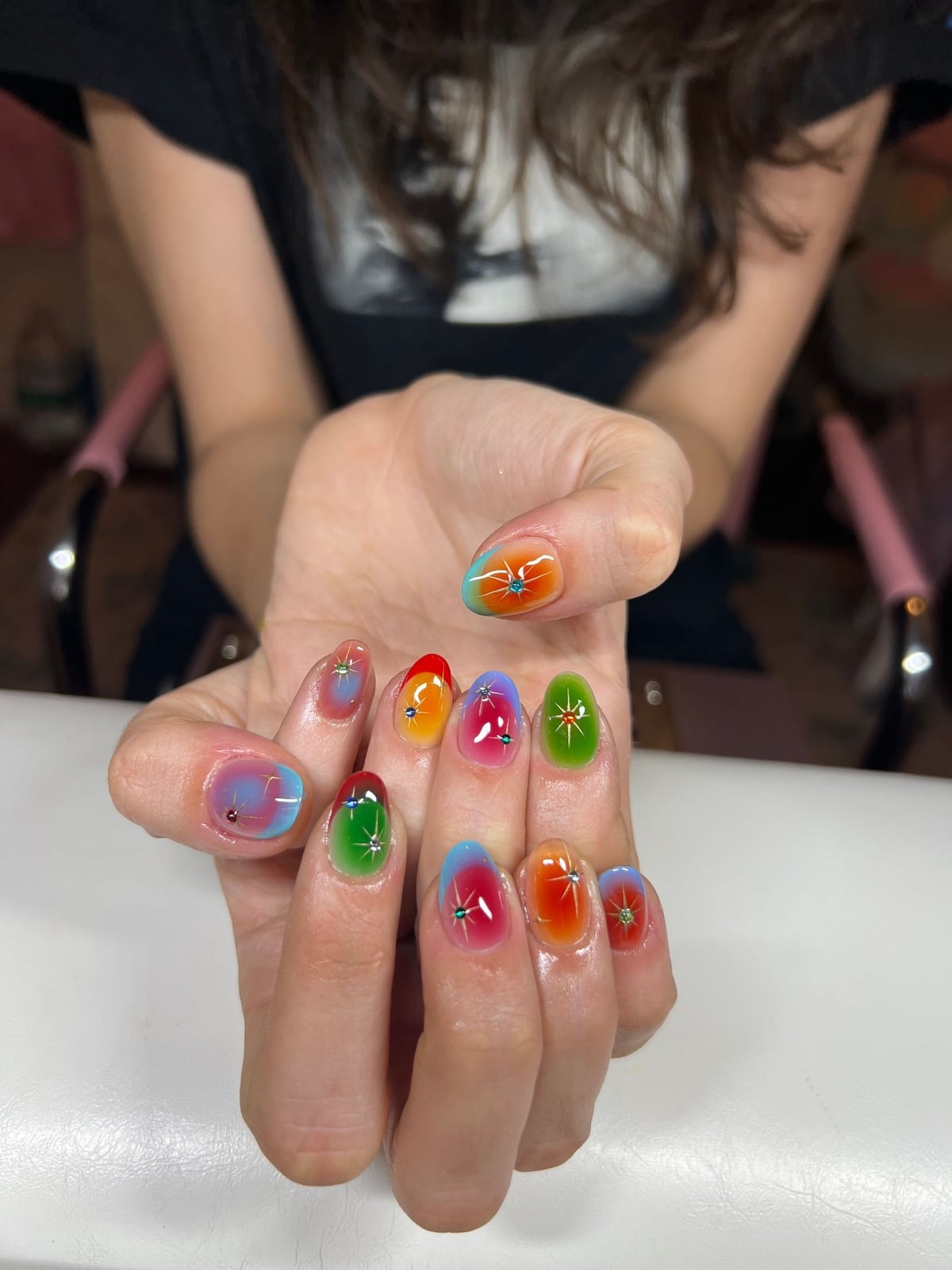 Rainbow Jelly Gradient Almond Nails with Stars — Trendy Korean Nails