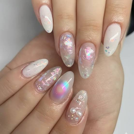 Milky White Almond Nails with Foil and Pearls — Trendy Korean Nails