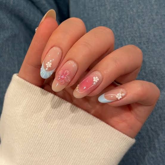 Nude Almond Nails with Blue French and White Flowers — Trendy Korean Nails