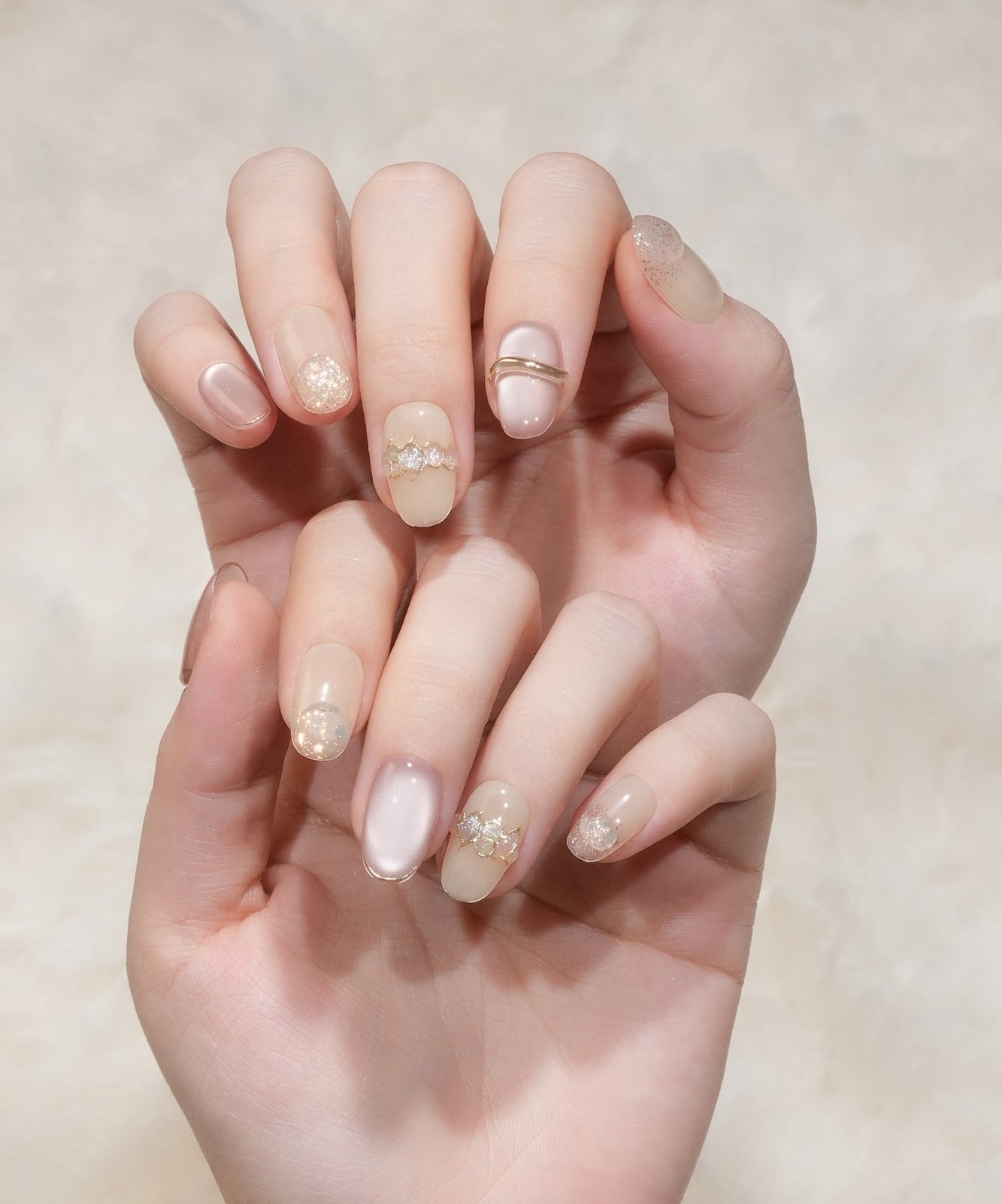 Nude Milky Almond Nails with Gold Accents — Trendy Korean Nails