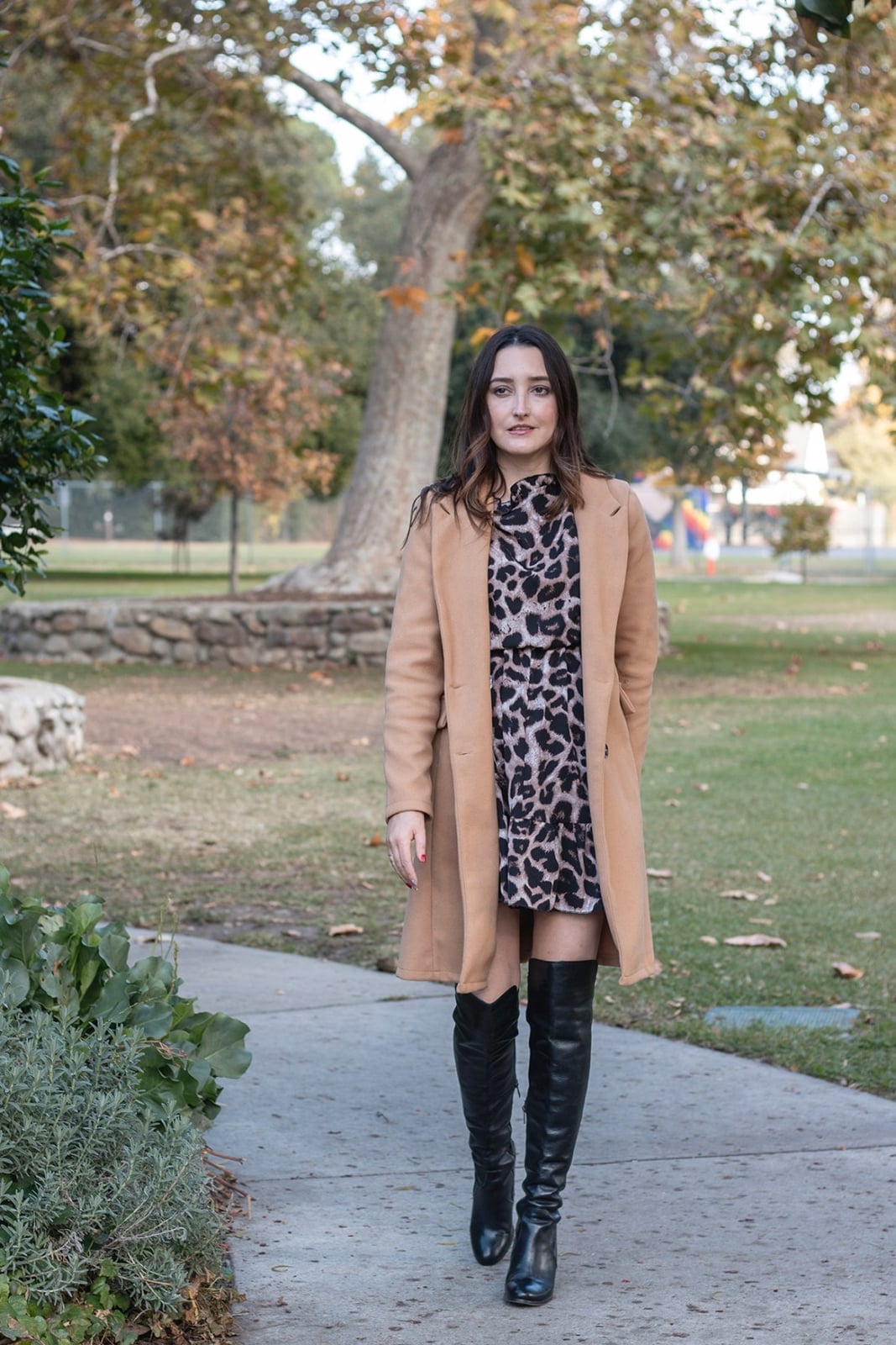 Camel Coat Over Leopard Mini Dress for Fall, Close-Up Take — Trendy Leopard Print Outfits