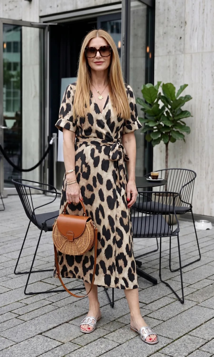 Wrap Dress with Flutter Sleeves for Smart Casual, Silver Flat Sandals — Trendy Leopard Print Outfits