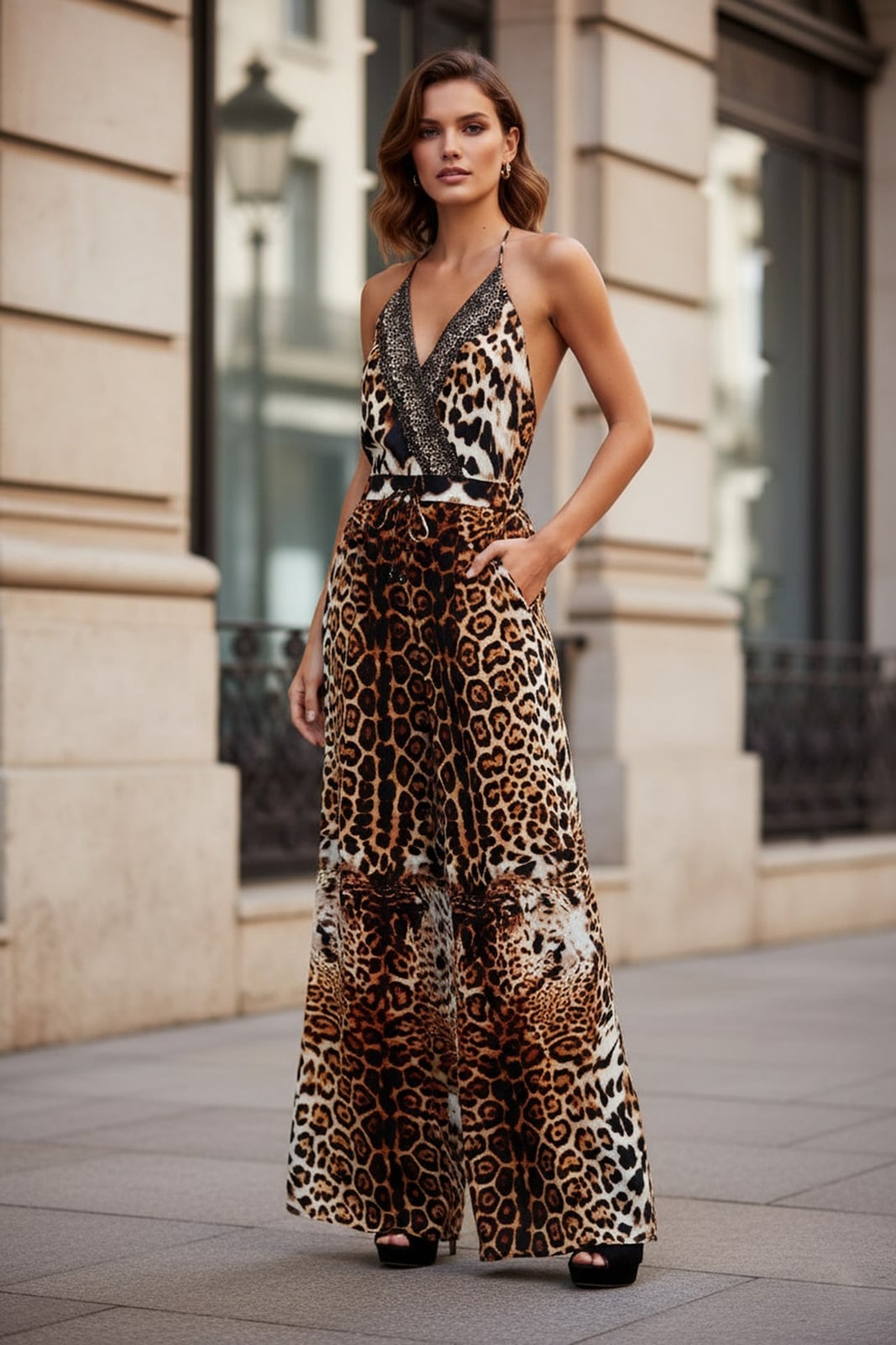 Halther Neck Jumpsuit Makes a Striking Evening Statement — Trendy Leopard Print Outfits