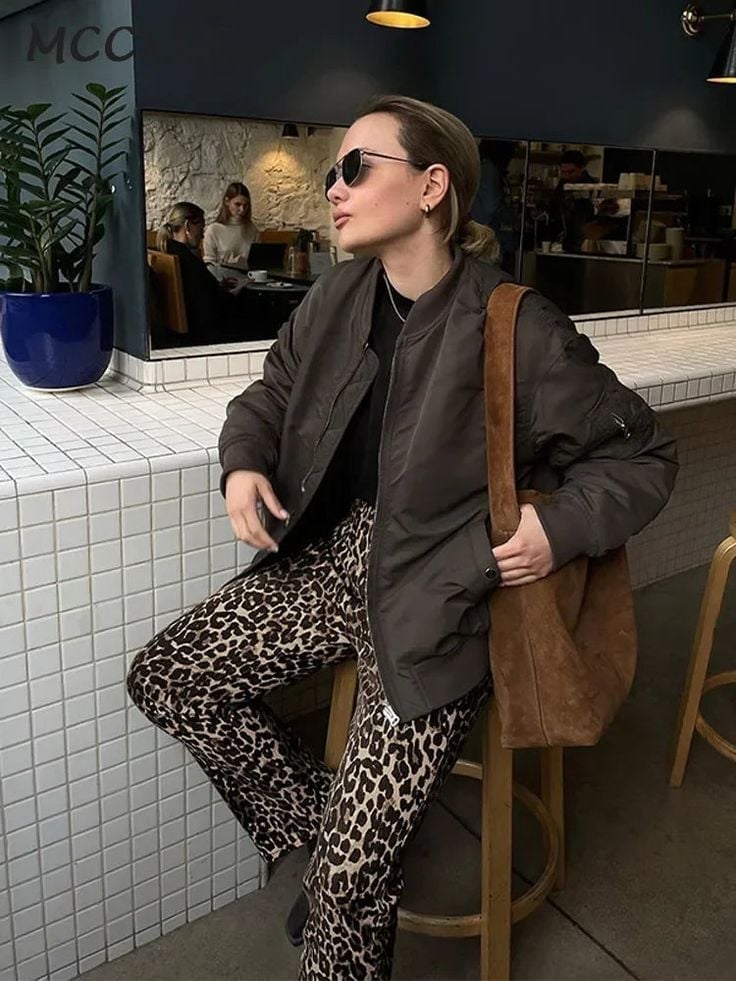 Leopard Trousers with Bomber Jacket — Trendy Leopard Print Outfits