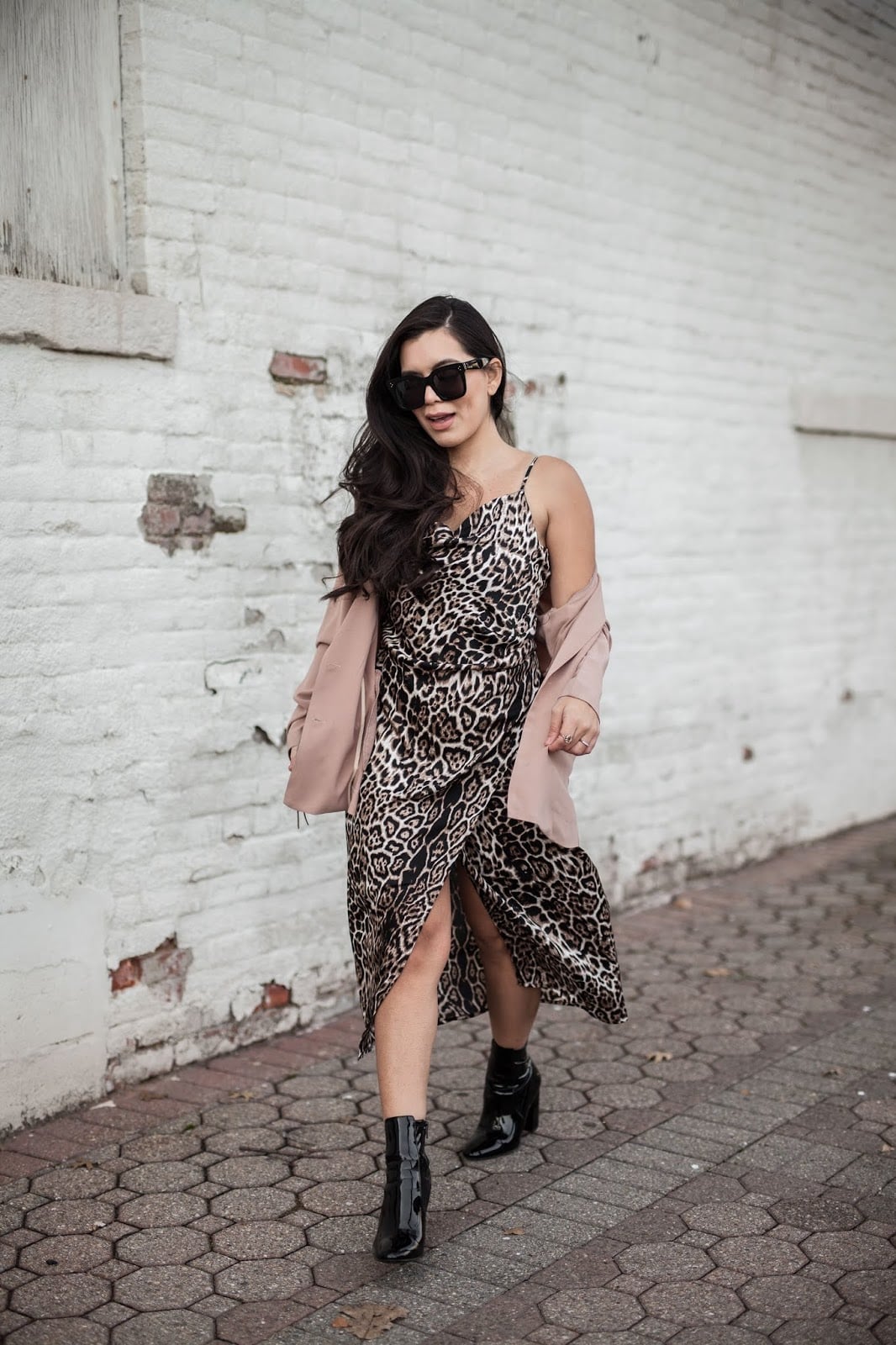 Satin Slip Dress with Draped Blazer — Trendy Leopard Print Outfits