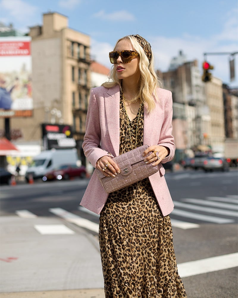 Tweed Blazer Adds Polish to Leopard Dress — Trendy Leopard Print Outfits