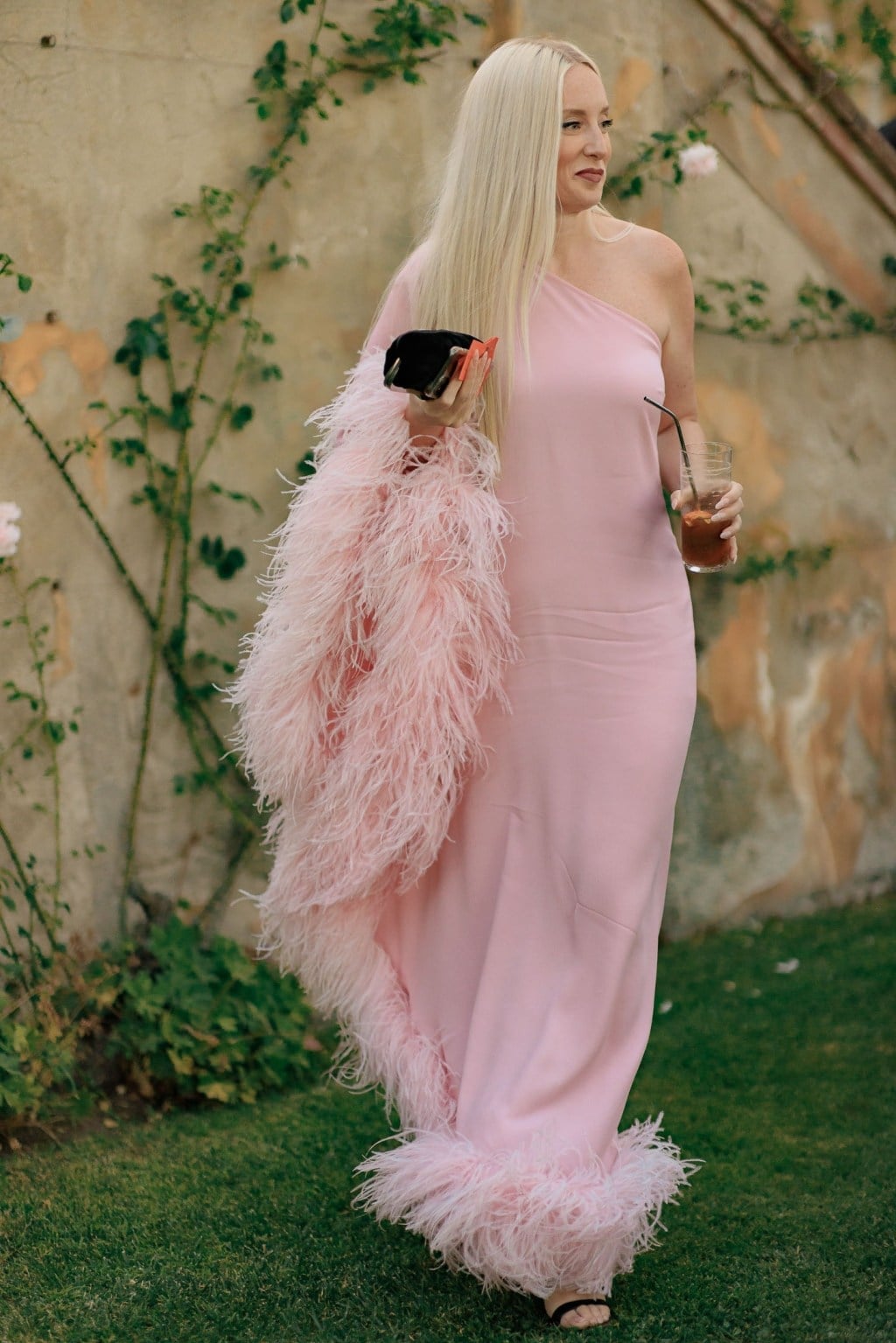 Light Pink Feather Trim Maxi Dress for Evening — Trendy Light Pink Dress