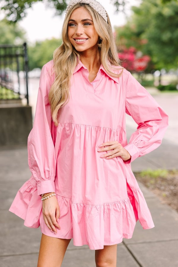 Bright Pink Babydoll Dress with Tiered Hem — Trendy Light Pink Dress