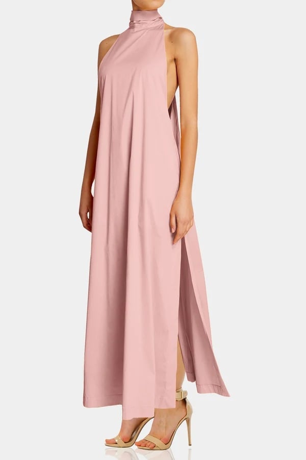 Light Pink Cotton Halter Neck Maxi Dress — Trendy Light Pink Dress