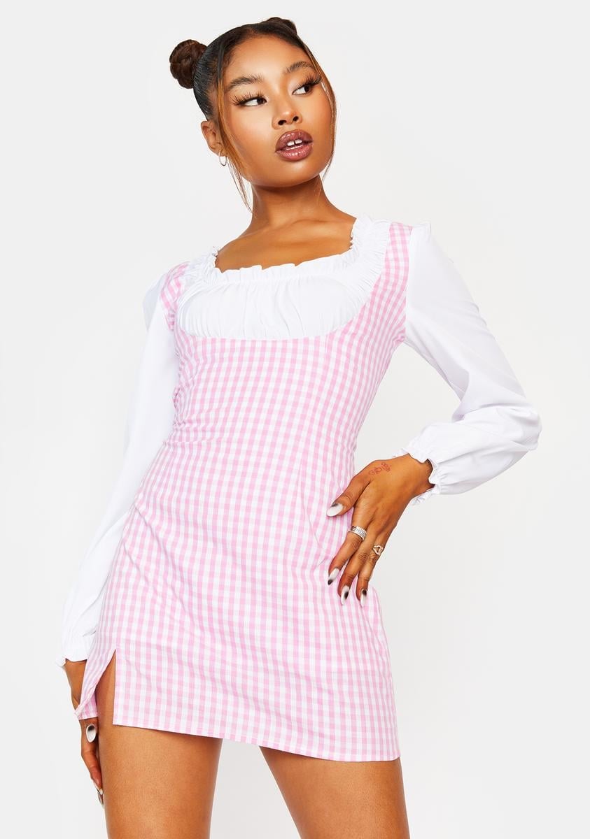 Gingham Check Mini Dress with Puff Sleeves — Trendy Light Pink Dress