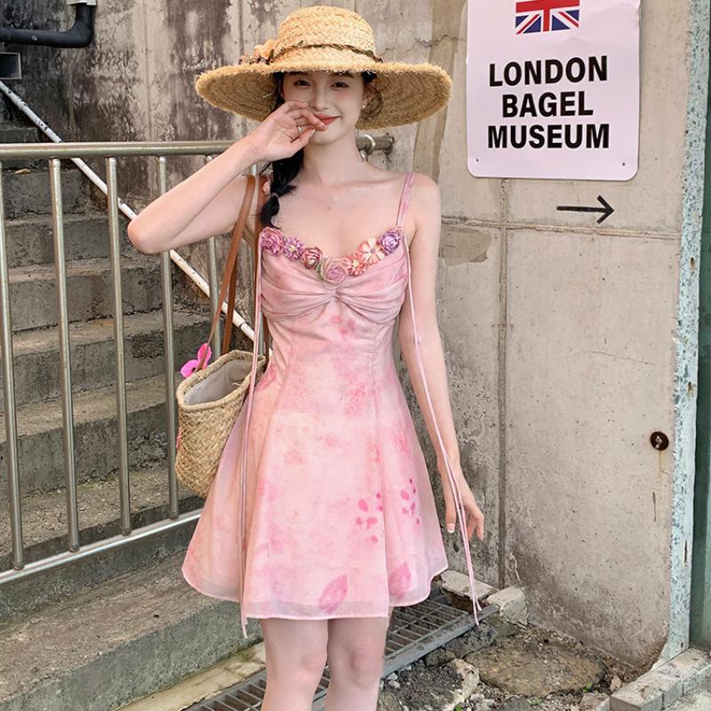 Floral Print Chiffon Mini Dress for Beach — Trendy Light Pink Dress