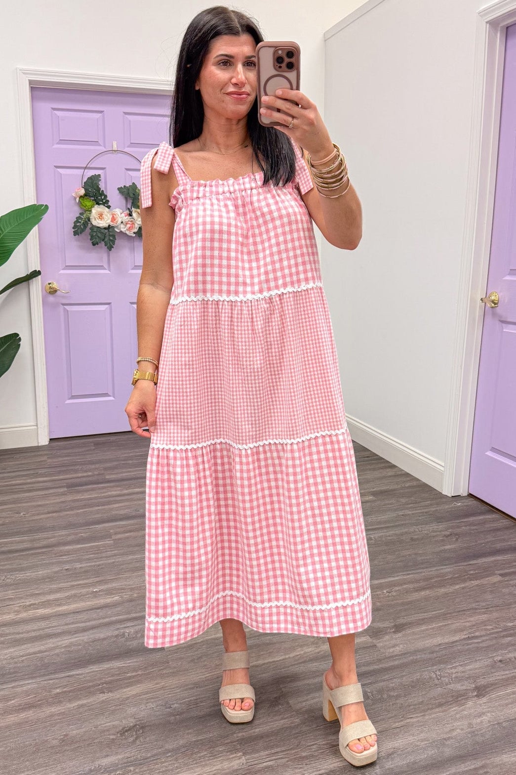 Pink and White Gingham Tiered Midi Dress — Trendy Light Pink Dress