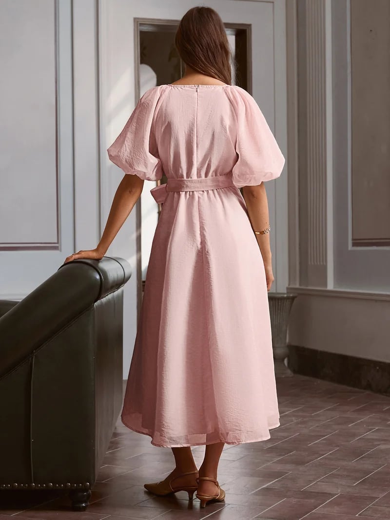 Light Pink Midi Dress with Puff Sleeves — Trendy Light Pink Dress
