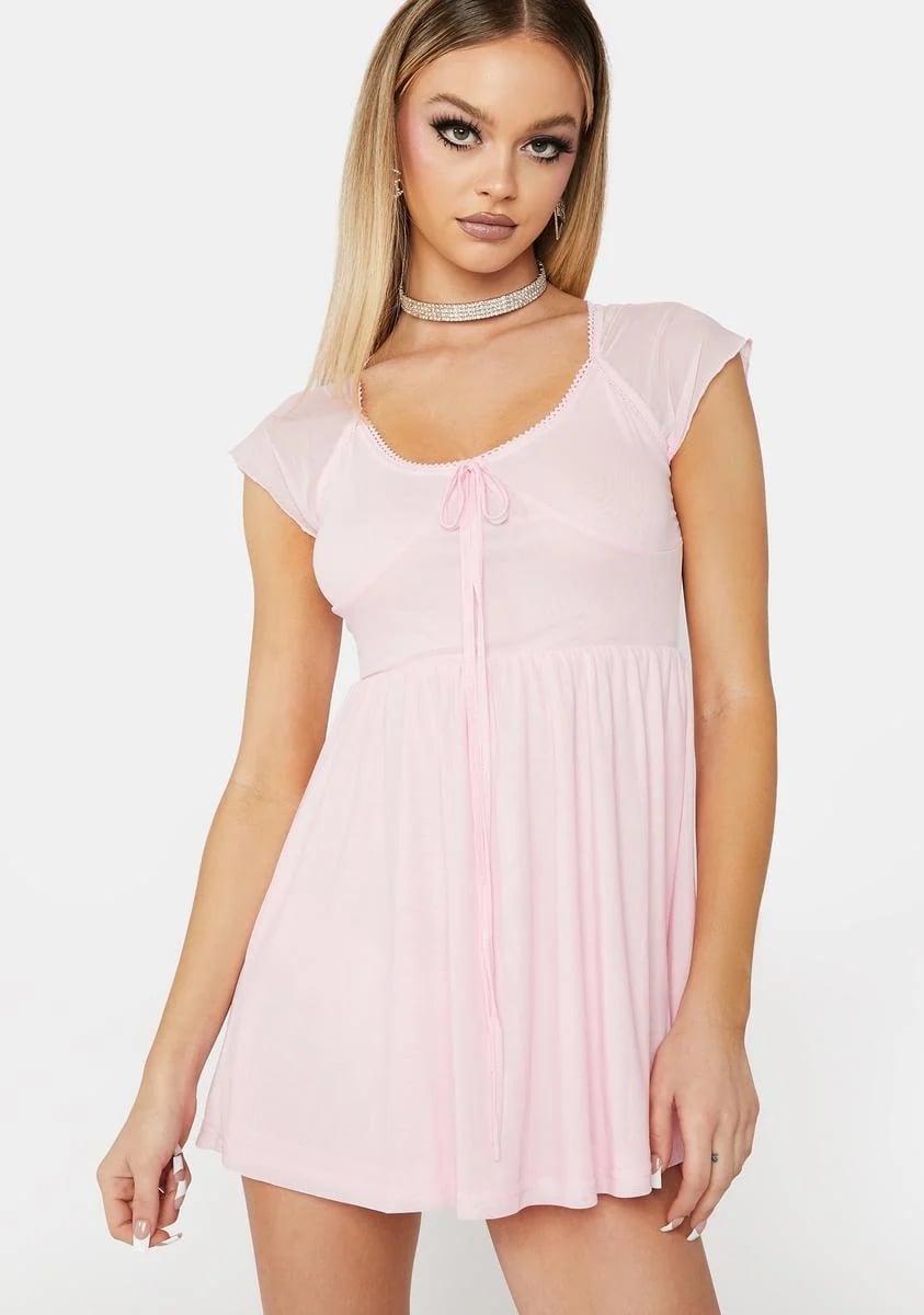 Mesh Mini Dress with Tie Front — Trendy Light Pink Dress