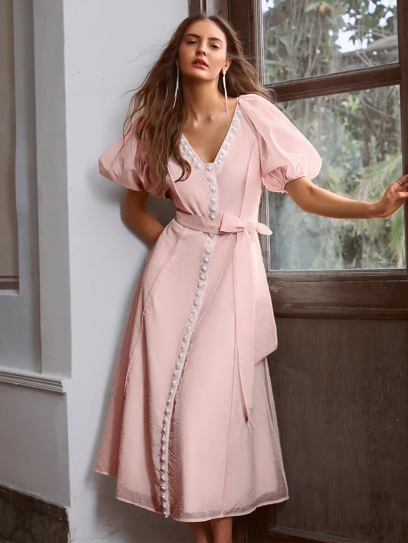Light Pink Midi Dress with Pearl Buttons — Trendy Light Pink Dress