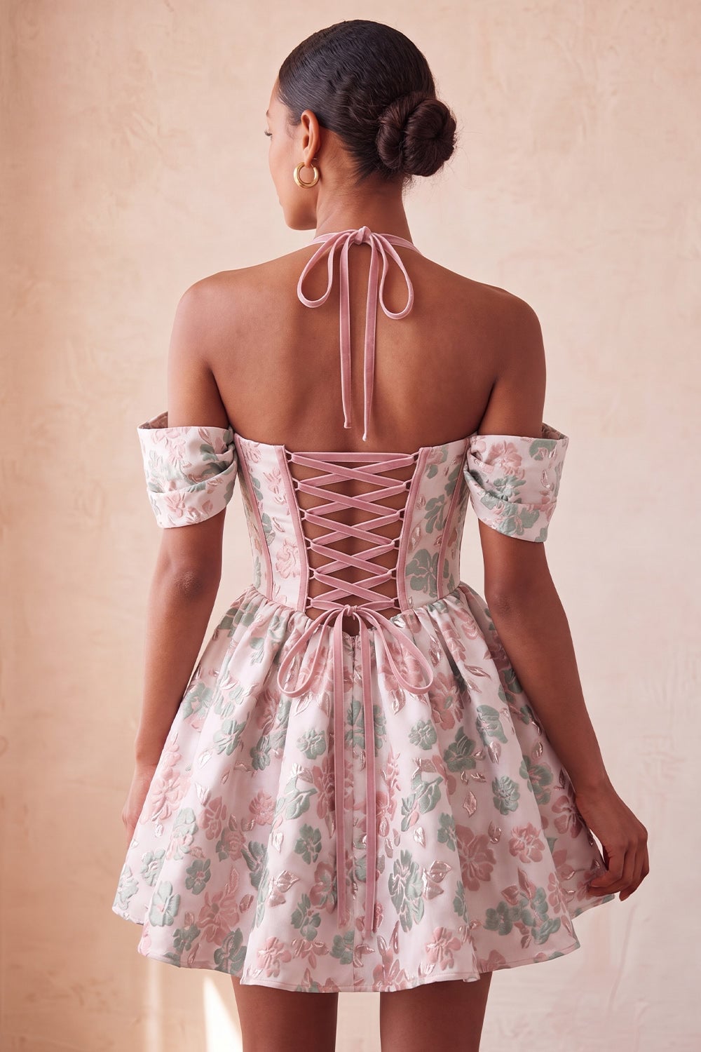 Floral Jacquard Mini Dress with Corset Back — Trendy Light Pink Dress
