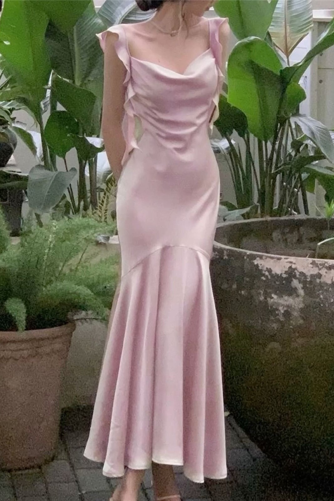 Light Pink Satin Mermaid Dress with Ruffles — Trendy Light Pink Dress
