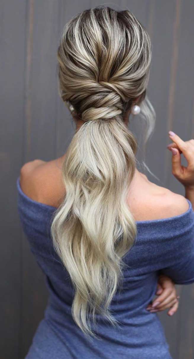 Blonde Balayage Low Ponytail With Twisted Crown Blonde Balayage Low Ponytail With Twisted Crown — Trendy Low Ponytail Hairstyles