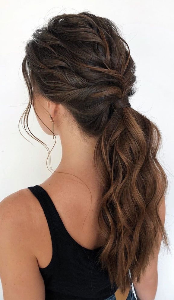 Dark Brown Low Ponytail With Twisted Detail Dark Brown Low Ponytail With Twisted Detail — Trendy Low Ponytail Hairstyles