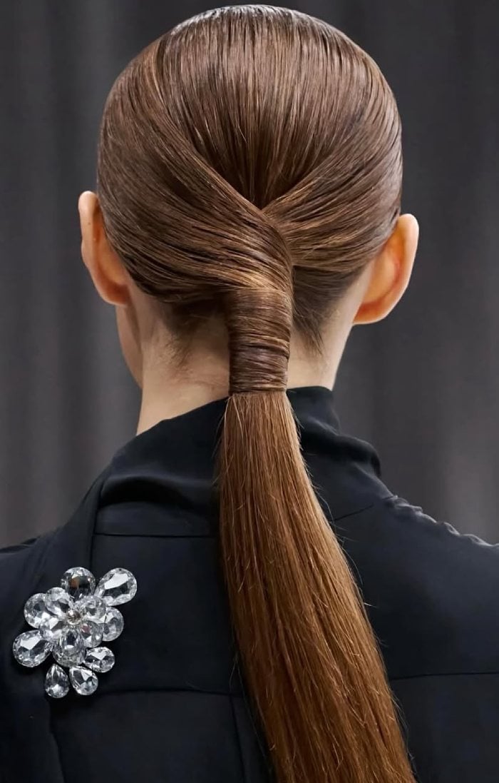 Sleek Medium Brown Twisted Low Ponytail Sleek Medium Brown Twisted Low Ponytail — Trendy Low Ponytail Hairstyles