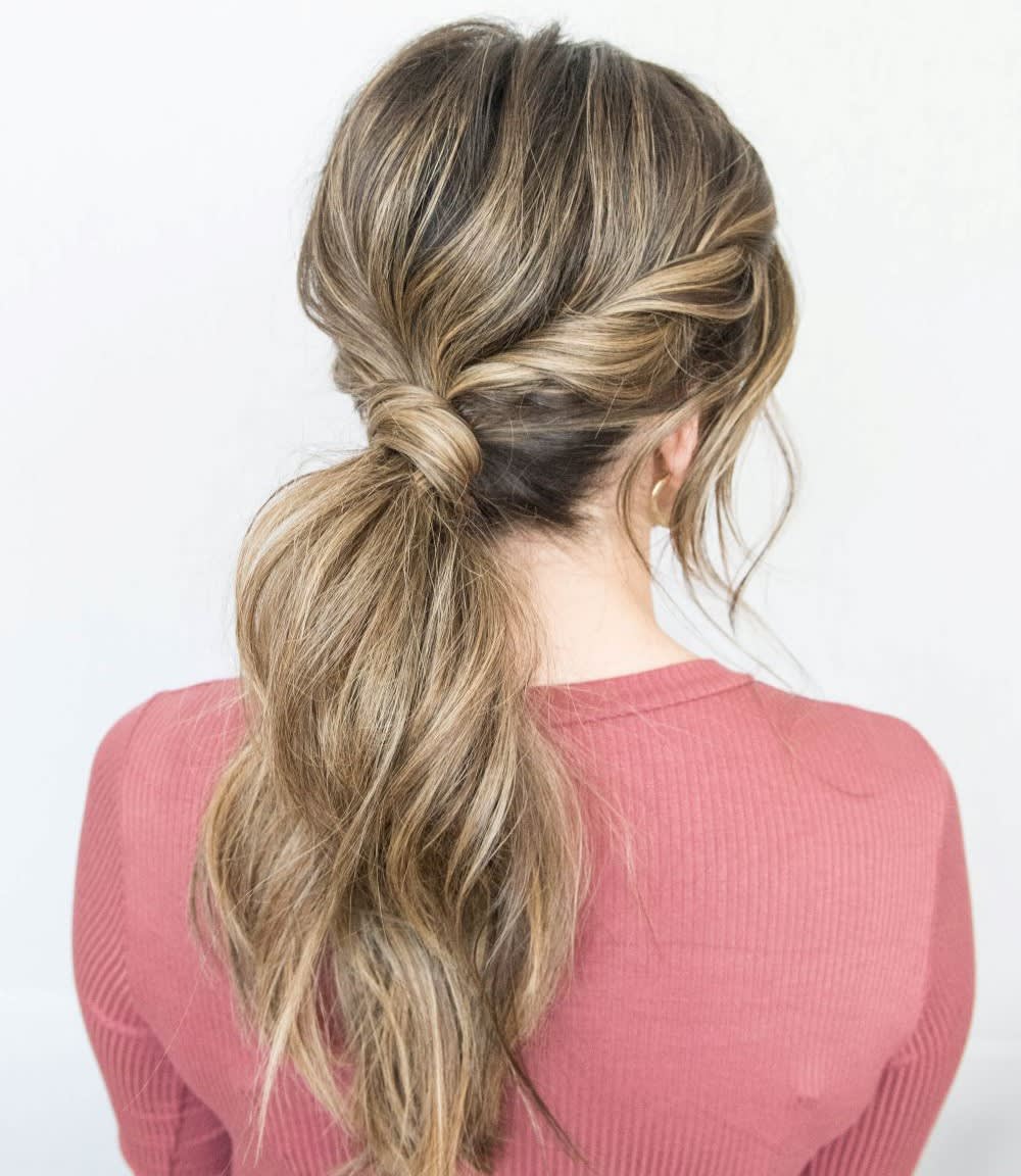 Brunette Low Ponytail With Twisted Knot Brunette Low Ponytail With Twisted Knot — Trendy Low Ponytail Hairstyles