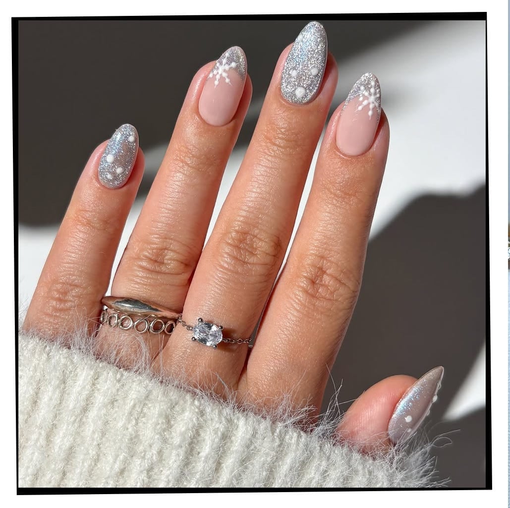 Medium Almond Snowflake Glitter Nails — Trendy Luxury Nails