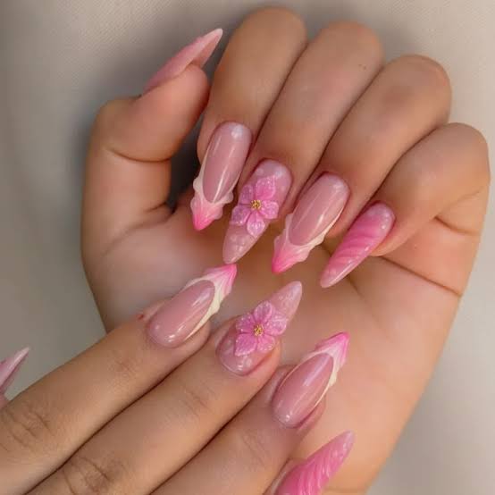 Long Stiletto 3D Floral French Tip Nails — Trendy Luxury Nails