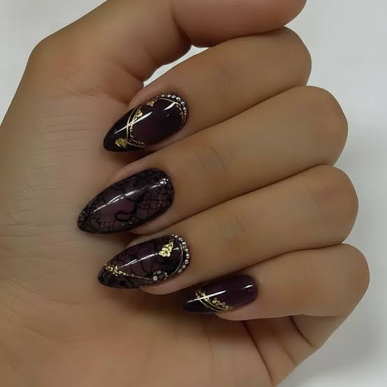 Medium Almond Burgundy Lace Nails — Trendy Luxury Nails
