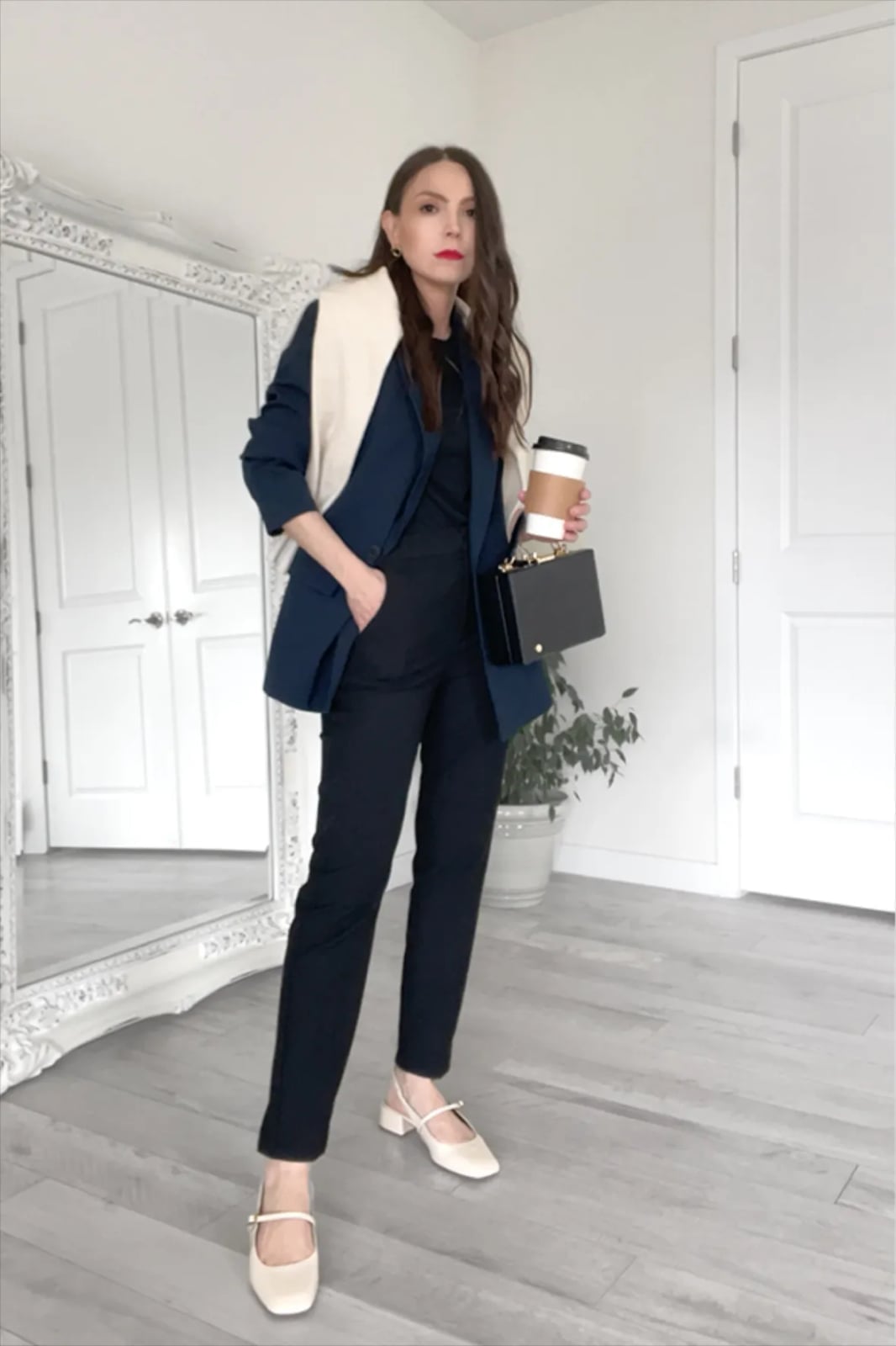 Light Beige Mary Janes with Navy Blazer and Tailored Vest Light Beige Mary Janes with Navy Blazer and Tailored Vest — Trendy Mary Janes Outfit