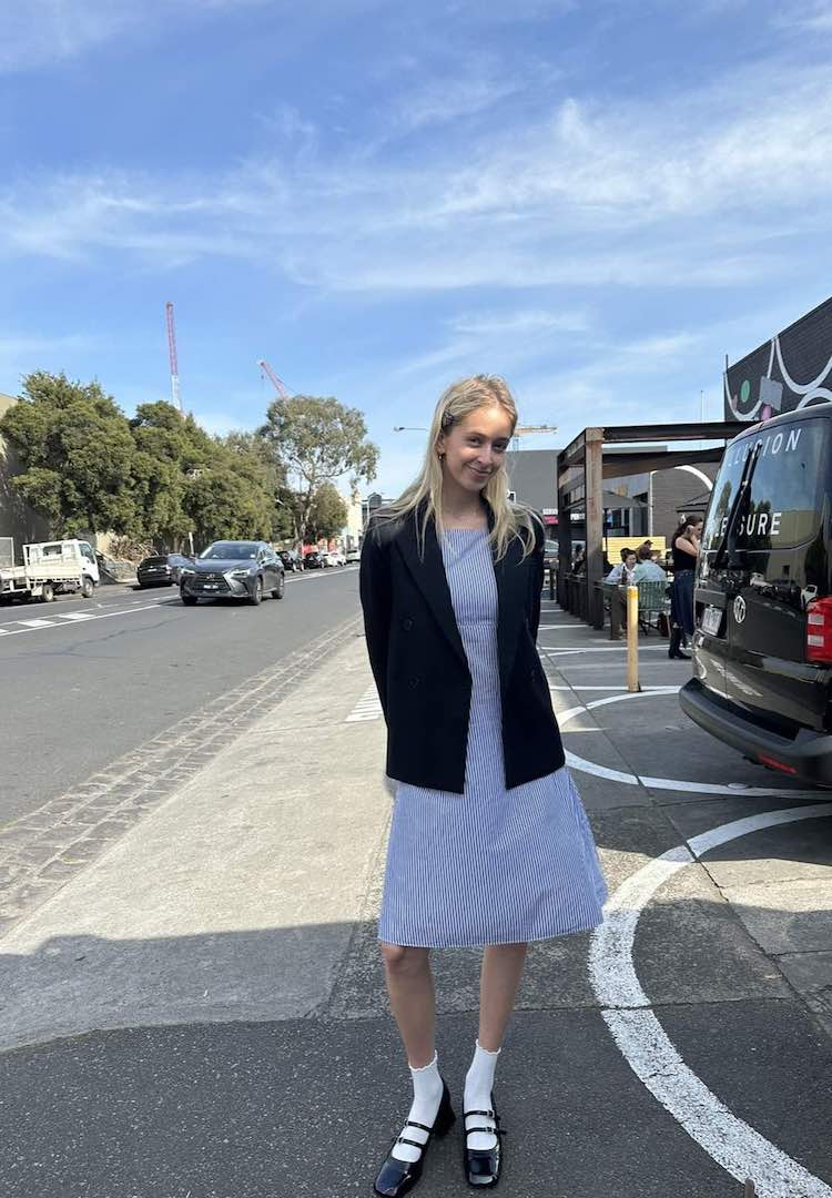 Black Mary Janes with Striped Dress and Blazer Black Mary Janes with Striped Dress and Blazer — Trendy Mary Janes Outfit