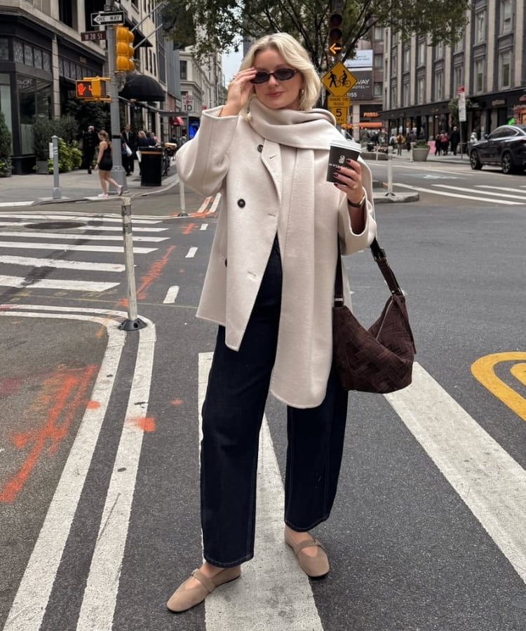 Beige Mary Jane Flats with Cream Coat, Office-Safe Version Beige Mary Jane Flats with Cream Coat, Office-Safe Version — Trendy Mary Janes Outfit