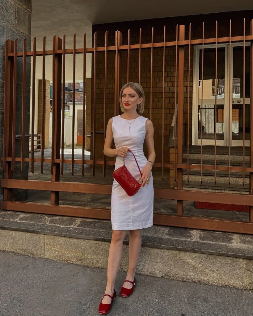 Red Mary Janes with White Linen-Blend Dress Red Mary Janes with White Linen-Blend Dress — Trendy Mary Janes Outfit