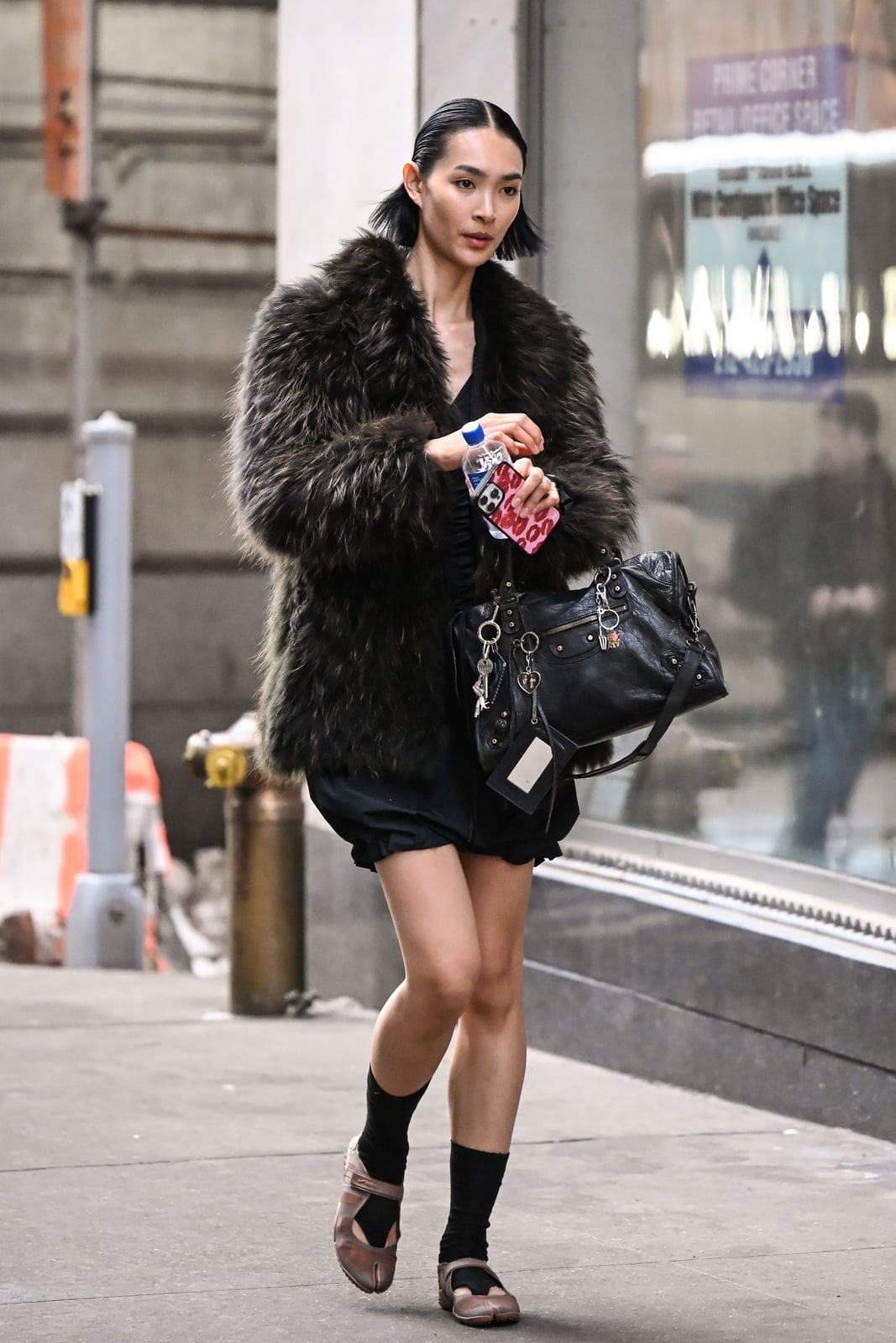 Pink Mary Janes with Faux Fur Coat and Black Mini Dress Pink Mary Janes with Faux Fur Coat and Black Mini Dress — Trendy Mary Janes Outfit