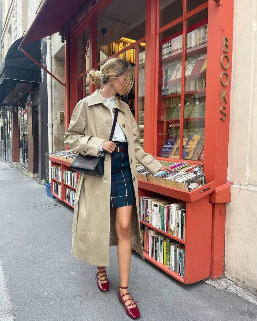 Red Patent Mary Janes with Plaid Mini Skirt and Trench Coat Red Patent Mary Janes with Plaid Mini Skirt and Trench Coat — Trendy Mary Janes Outfit