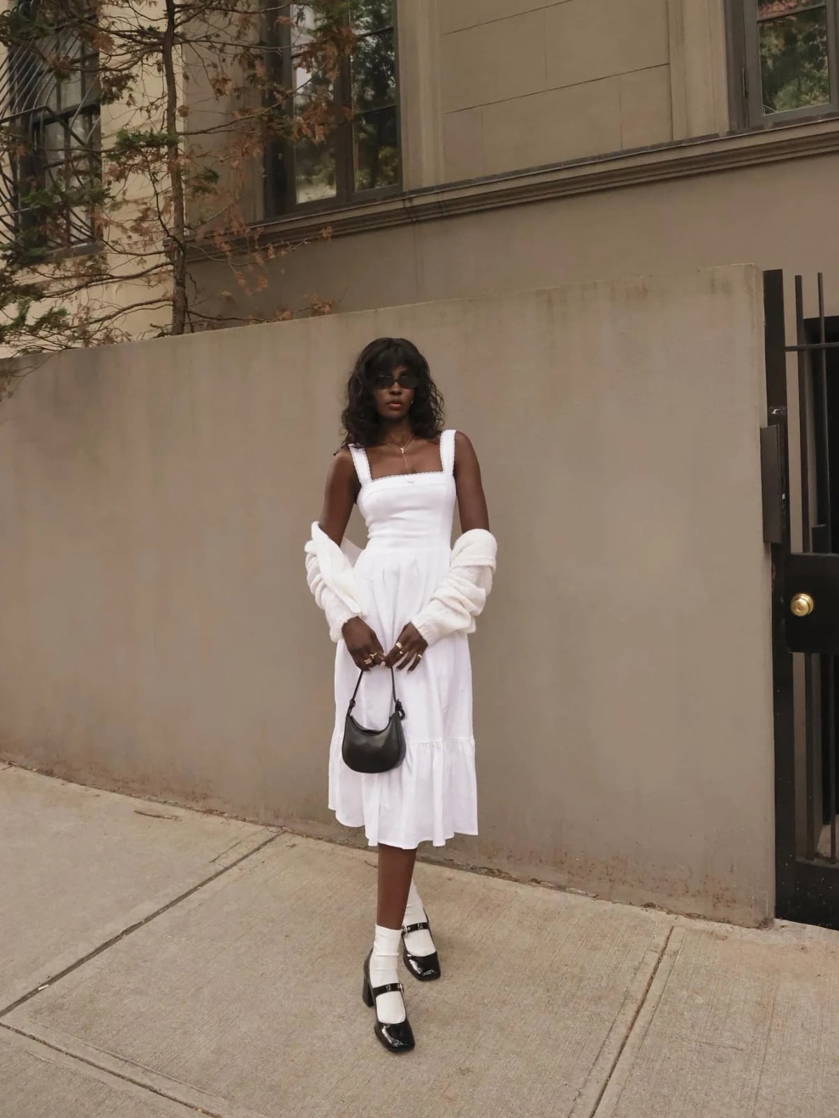 Black Mary Janes with White Tiered Dress and Cardigan Black Mary Janes with White Tiered Dress and Cardigan — Trendy Mary Janes Outfit