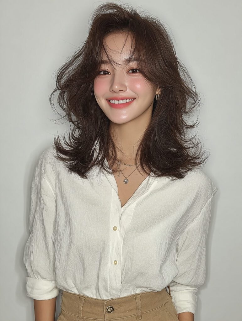 Collarbone Layered Cut With Curtain Bangs, Wavy Collarbone Layered Cut With Curtain Bangs, Wavy — Trendy Medium Hair