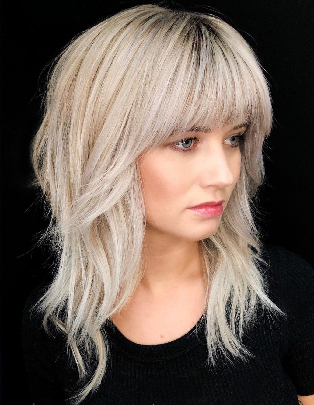 Collarbone Shag With Blunt Bangs Collarbone Shag With Blunt Bangs — Trendy Medium Hair