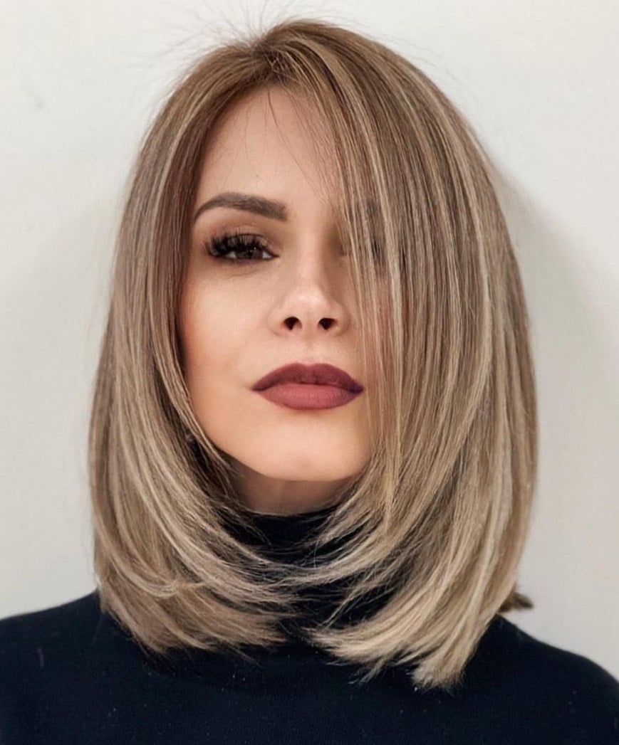 Chin Length Layered Bob With Stacked Layers Chin Length Layered Bob With Stacked Layers — Trendy Medium Hair