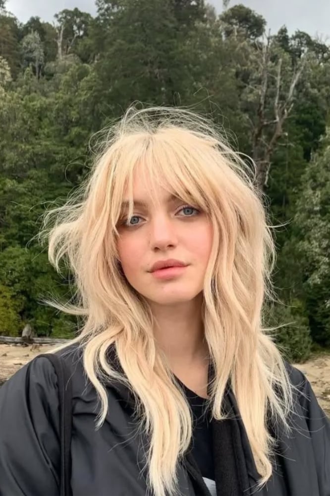 Shoulder Length Shag With Full Curtain Bangs, Close-Up Take Shoulder Length Shag With Full Curtain Bangs, Close-Up Take — Trendy Medium Hair