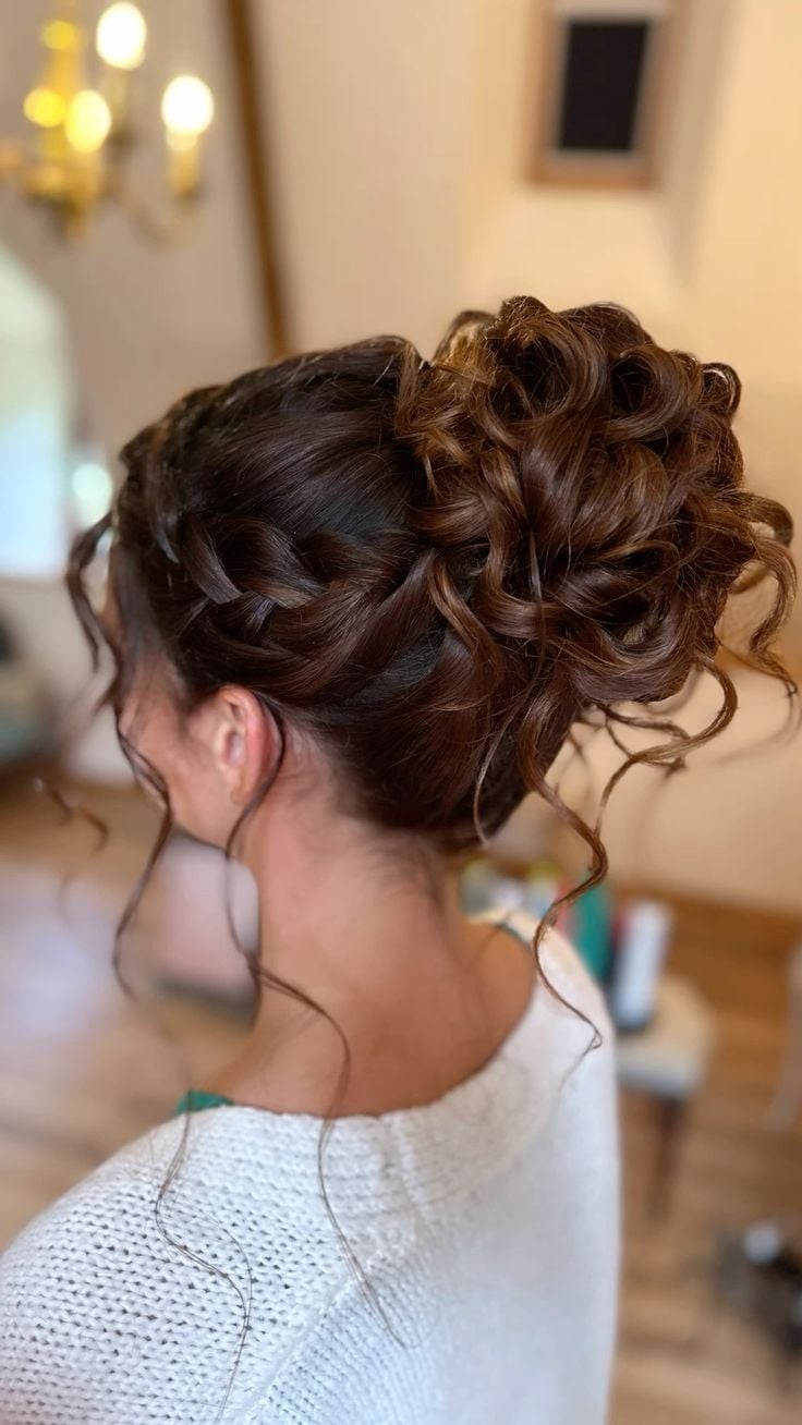 Voluminous Curly Bun With Braided Accents Voluminous Curly Bun With Braided Accents — Trendy Natural Bun