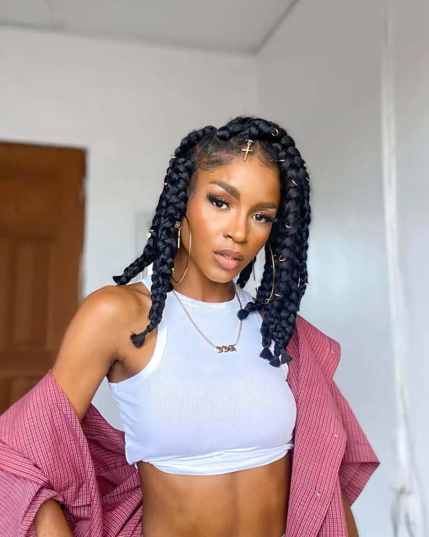 Mid-Back Box Braids With Gold Accessories — Trendy Natural Hair Braiding