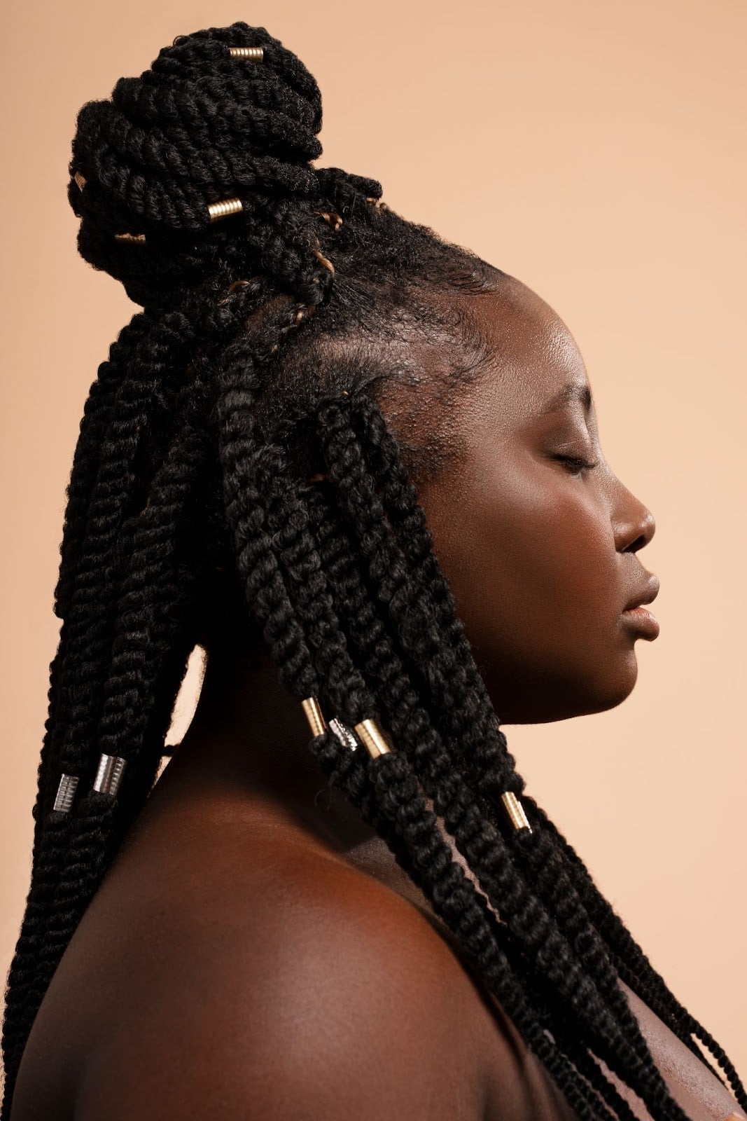 Mid-Back Braids Updo With Gold Beads — Trendy Natural Hair Braiding
