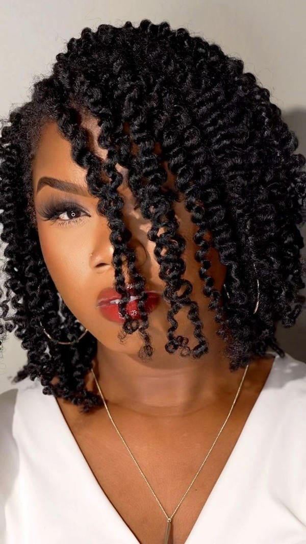 Collarbone Spiral Curls With Short Bangs Collarbone Spiral Curls With Short Bangs — Trendy Natural Hair Hairstyles