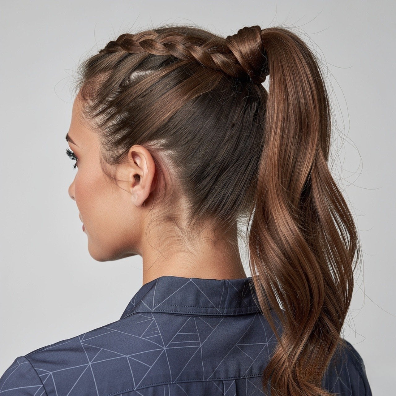 Medium Brown High Ponytail With Braid Medium Brown High Ponytail With Braid — Trendy Pony Hairstyles