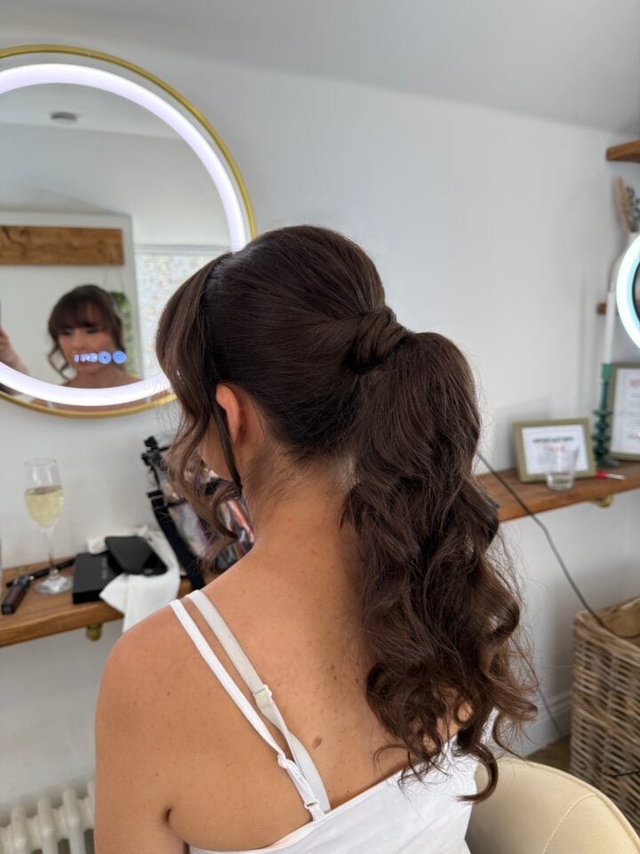 Dark Brown Ponytail With Curtain Bangs Dark Brown Ponytail With Curtain Bangs — Trendy Pony Hairstyles