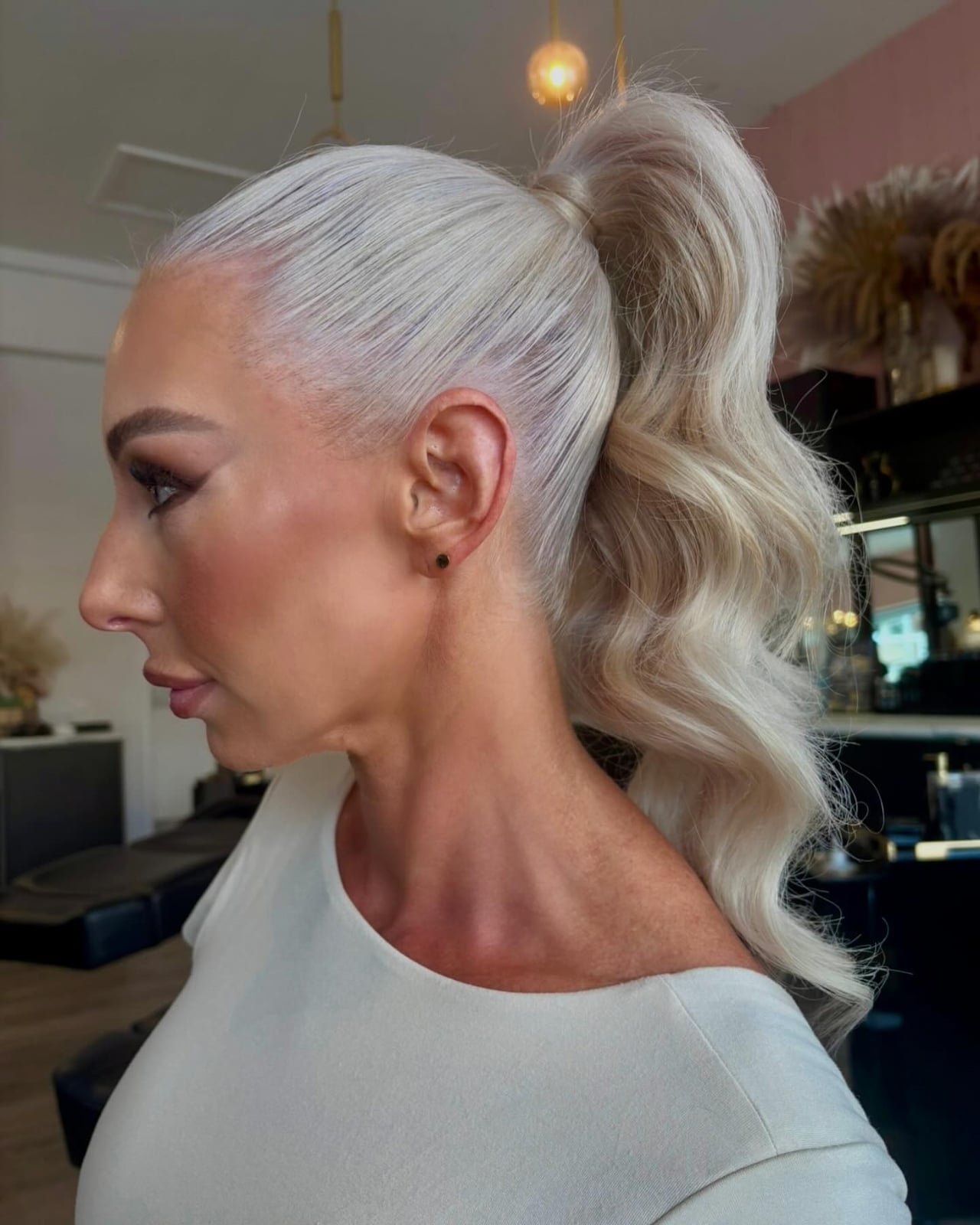 Platinum Blonde High Ponytail Voluminous Waves Platinum Blonde High Ponytail Voluminous Waves — Trendy Pony Hairstyles