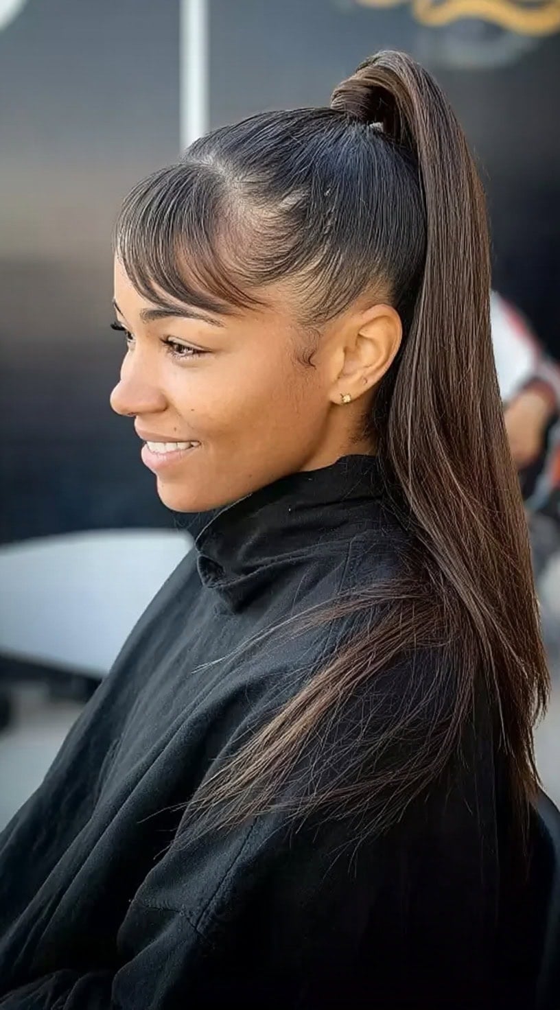 High Ponytail With Wispy Bangs — Trendy Quick Weave Ponytail